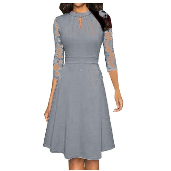 IROINNID Rollbacks Formal Dress for Women Wedding Guest Evening Party Formal Dress Hollowed Out Standing Collar Commuting Dress With Large Round,Gray