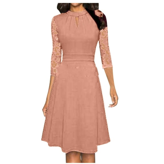 IROINNID Rollbacks Formal Dress for Women Wedding Guest Evening Party Formal Dress Hollowed Out Standing Collar Commuting Dress With Large Round,Pink