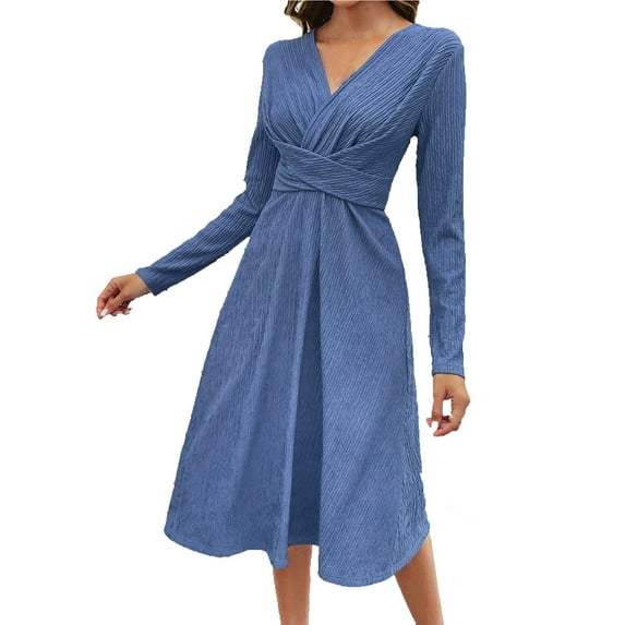 IROINNID Formal Dress for Women Wedding Guest Evening Party Formal Dress Long Sleeved V-neck Loose Fitting Dress,Blue