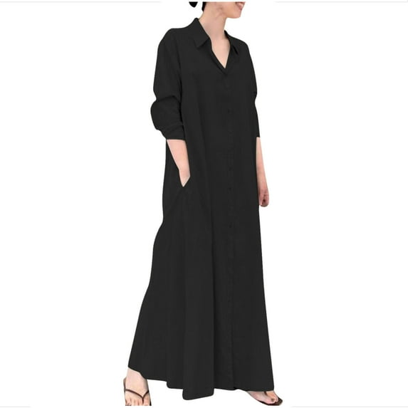 IROINNID Rollbacks Long Sleeve Dress for Women Fall Dress Full-Length Shift Dress Cotton Linen Turndown Collar Long Sleeve Pocket Loose Long Shirt Dress,Black