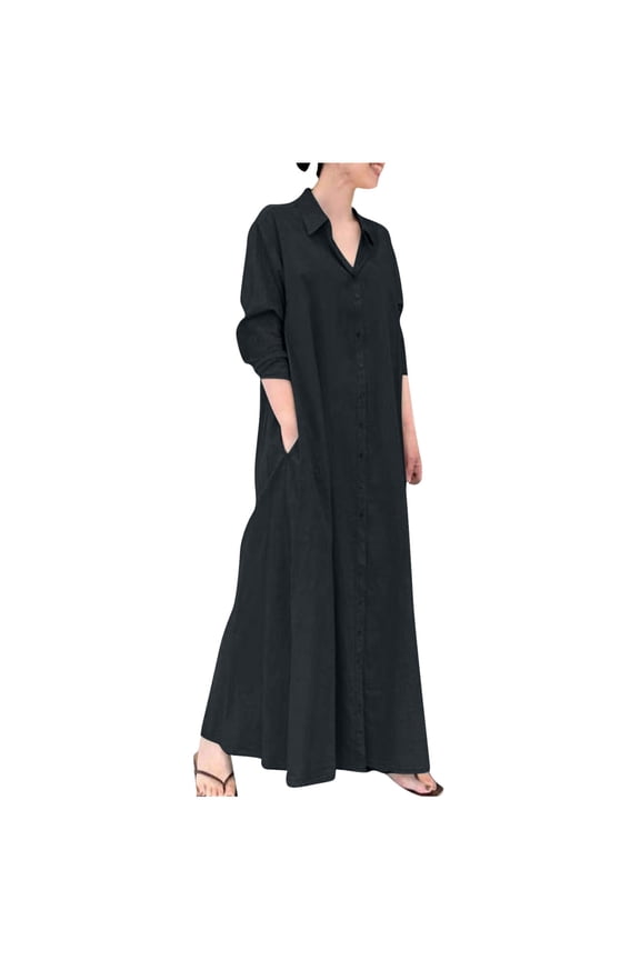 Long Sleeve Dress for Women Fall Dress Full-Length Shift Dress Cotton Linen Turndown Collar Long Sleeve Pocket Loose Long Shirt Dress,Navy