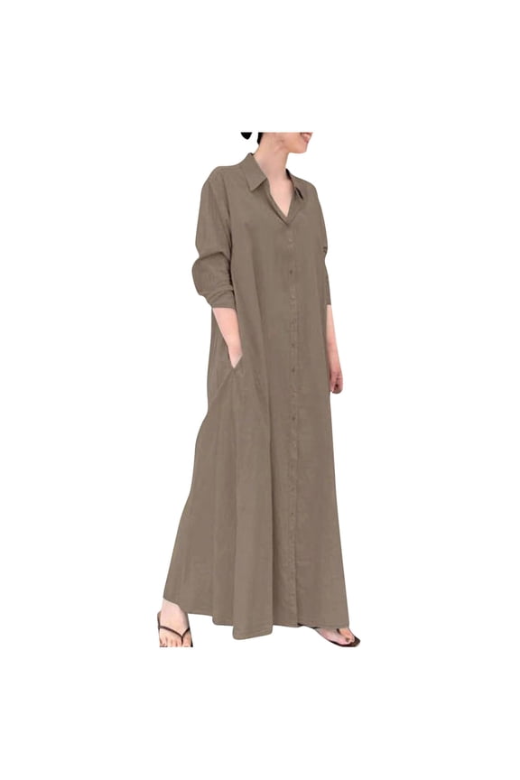 Long Sleeve Dress for Women Fall Dress Full-Length Shift Dress Cotton Linen Turndown Collar Long Sleeve Pocket Loose Long Shirt Dress,Coffee