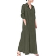 thumbnail image 1 of IROINNID Rollbacks Long Sleeve Dress for Women Fall Dress Full-Length Shift Dress Cotton Linen Turndown Collar Long Sleeve Pocket Loose Long Shirt Dress,Olive Green, 1 of 8