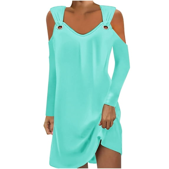 IROINNID Long Sleeve Dress for Women Mid-Length Fit&Flare Dress V-Neck Cold Shoulder Long Sleeve Button Metal Buckle Solid Dresses,Mint Green