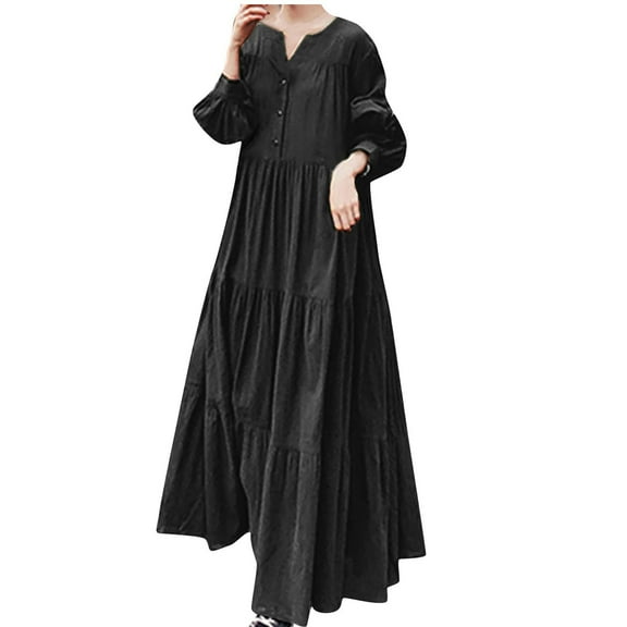 IROINNID Long Sleeve Dress for Women Fall Dress Full-Length Empire Dress Loose V-Neck Long Sleeve Comfy Solid Button Dresses,Black