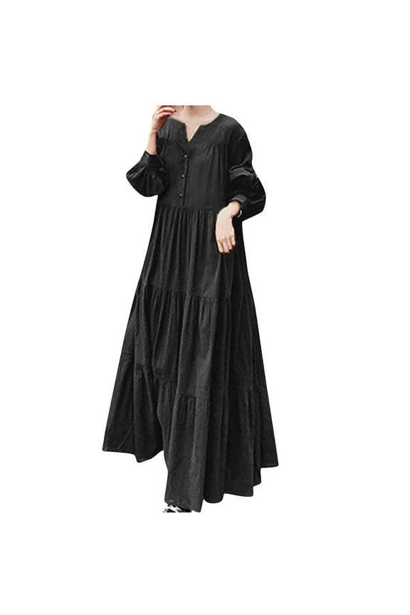 Long Sleeve Dress for Women Fall Dress Full-Length Empire Dress Loose V-Neck Long Sleeve Comfy Solid Button Dresses,Black