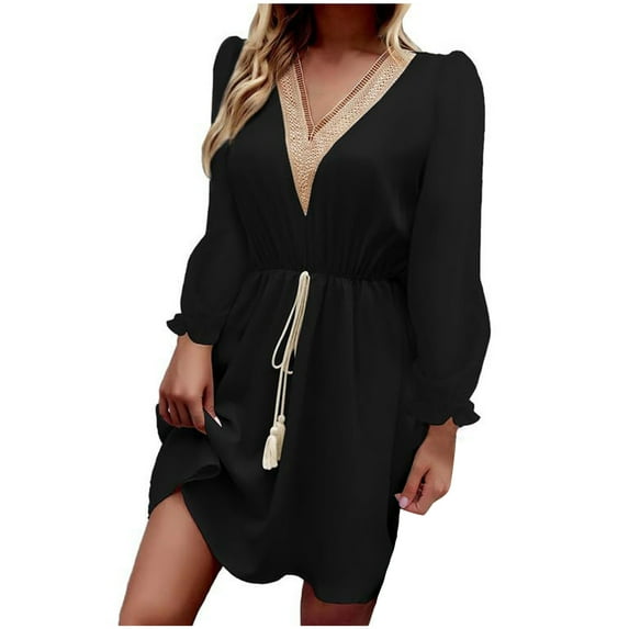 IROINNID Rollbacks Long Sleeve Dress for Women Mid-Length Empire Dress Long Sleeve Solid Color V-Neck Short Skirt Dress,Black