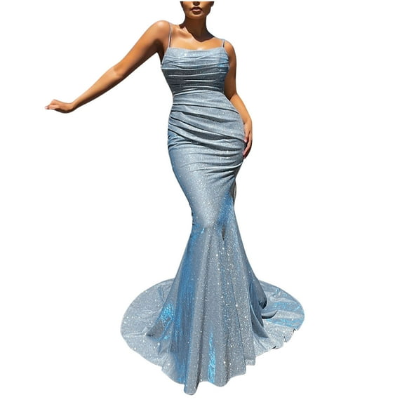 IROINNID Maxi Dress for Women Wedding Guest Birthday Dress Sequins Fishtail Evening Night Sequin Dress,Blue