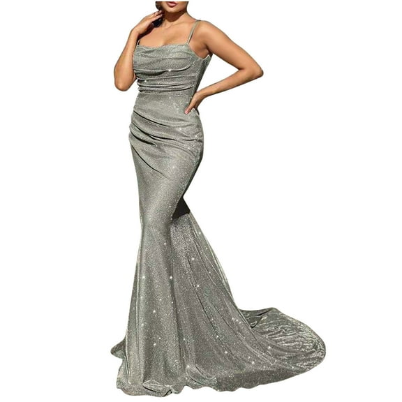 IROINNID Maxi Dress for Women Wedding Guest Birthday Dress Sequins Fishtail Evening Night Sequin Dress,Gray