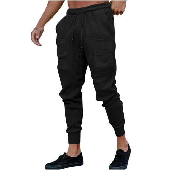 IROINNID Men's Cargo Pants Solid Color Sport Loose Pleated Small Legs Drawstring Solid Color Full Length Pants,Black