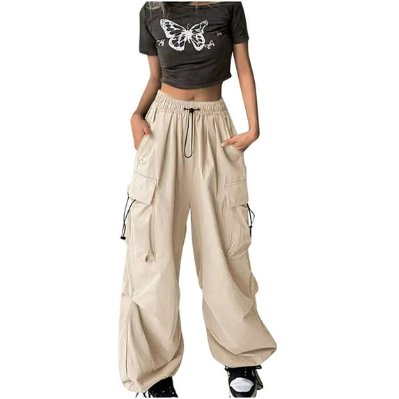 IROINNID Rollbacks Pants for Women Cargo Summer Solid Drawstring Waist Loose Fit Wide Leg Cargo Pants with Multi Pockets,Beige