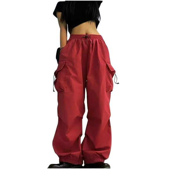 IROINNID Pants for Women Cargo Summer Solid Drawstring Waist Loose Fit Wide Leg Cargo Pants with Multi Pockets,Red