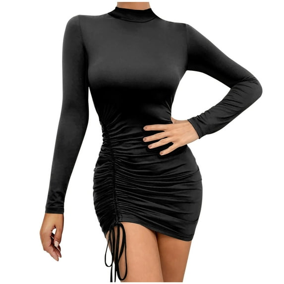 IROINNID Rollbacks Semi Formal Dress for Women Long Sleeve Bodycon Dress Solid Color Drawstring Waist Gift Dress Wrap Hip Round Neck Dress,Black