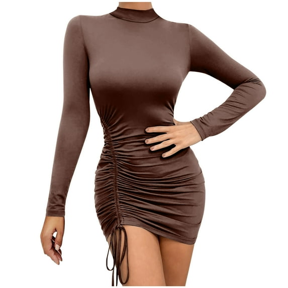 IROINNID Rollbacks Semi Formal Dress for Women Long Sleeve Bodycon Dress Solid Color Drawstring Waist Gift Dress Wrap Hip Round Neck Dress,Coffee