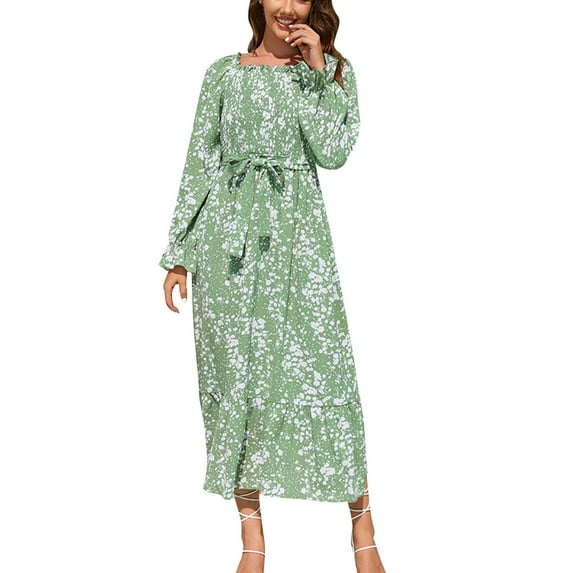 IROINNID Rollbacks Semi Formal Dress for Women Long Sleeve Empire Dress Fall And Winter New Floral Dress Slim Lantern Sleeve Tie Cake Dress,Green