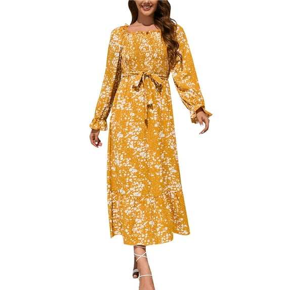 IROINNID Rollbacks Semi Formal Dress for Women Long Sleeve Empire Dress Fall And Winter New Floral Dress Slim Lantern Sleeve Tie Cake Dress,Yellow