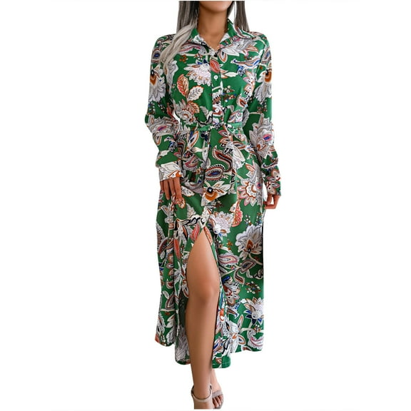 IROINNID Rollbacks Semi Formal Dress for Women Long Sleeve Shirt Dress Turndown Collar Dresses Printed Button Bandage Long Dress,Green