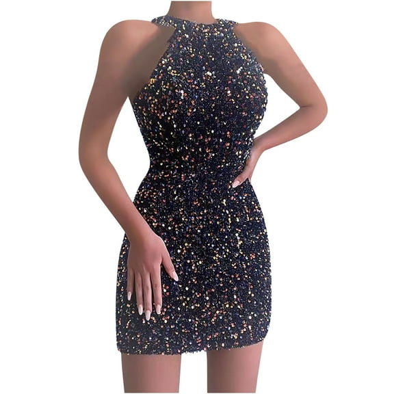 IROINNID Rollbacks Sequin Dress for Women Club Night Mini Dress Round Neck Sequins Sleeveless Solid Mini Dress Sequin Dress,Black