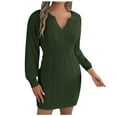 thumbnail image 1 of IROINNID Rollbacks Sweater Dress for Women Long Sleeve Dress Mid-Length Sweater Dress Long Sleeve Dress V-Neck Ladies Solid Outing Dresses,Olive Green, 1 of 8