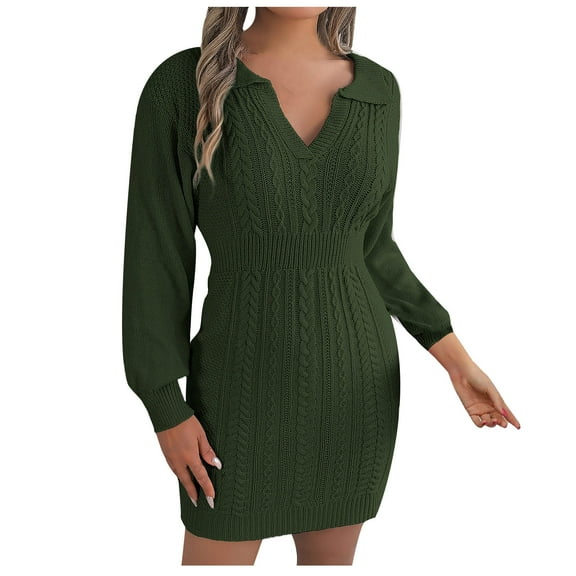 IROINNID Sweater Dress for Women Long Sleeve Dress Mid-Length Sweater Dress Long Sleeve Dress V-Neck Ladies Solid Outing Dresses,Olive Green