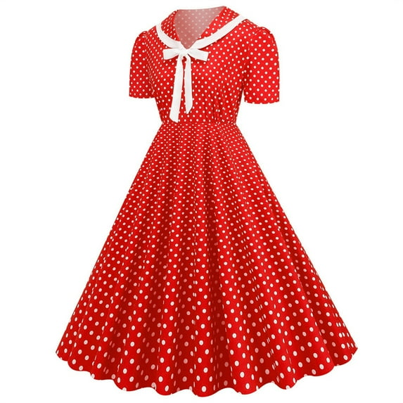 IROINNID Rollbacks Wedding Guest Dresses for Women Evening Night Formal Fall Dress A Line Flare Vintage Dress Bowknot Prom V-Neck Collar Short Sleeve Polka Printing Elegant A-Line Dress,Red