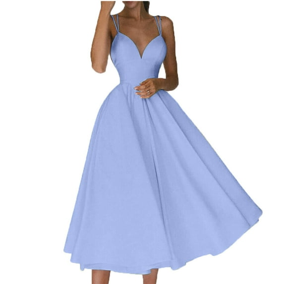 IROINNID Rollbacks Wedding Guest Dresses for Women Evening Night Party Dress Suspender with Backless Solid Color Suspender V-neck Elegant Formal Dress,Sky Blue
