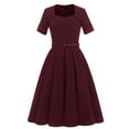 thumbnail image 1 of IROINNID Wedding Guest Dresses for Women Formal Evening Night Dress Retro V-neck Short Sleeves Bowknot Button Belt Large Elegant A-Line Dress,Burgundy, 1 of 8