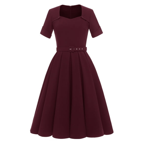 IROINNID Wedding Guest Dresses for Women Formal Evening Night Dress Retro V-neck Short Sleeves Bowknot Button Belt Large Elegant A-Line Dress,Burgundy