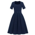 thumbnail image 1 of IROINNID Rollbacks Wedding Guest Dresses for Women Formal Evening Night Dress Retro V-neck Short Sleeves Bowknot Button Belt Large Elegant A-Line Dress,Navy, 1 of 8