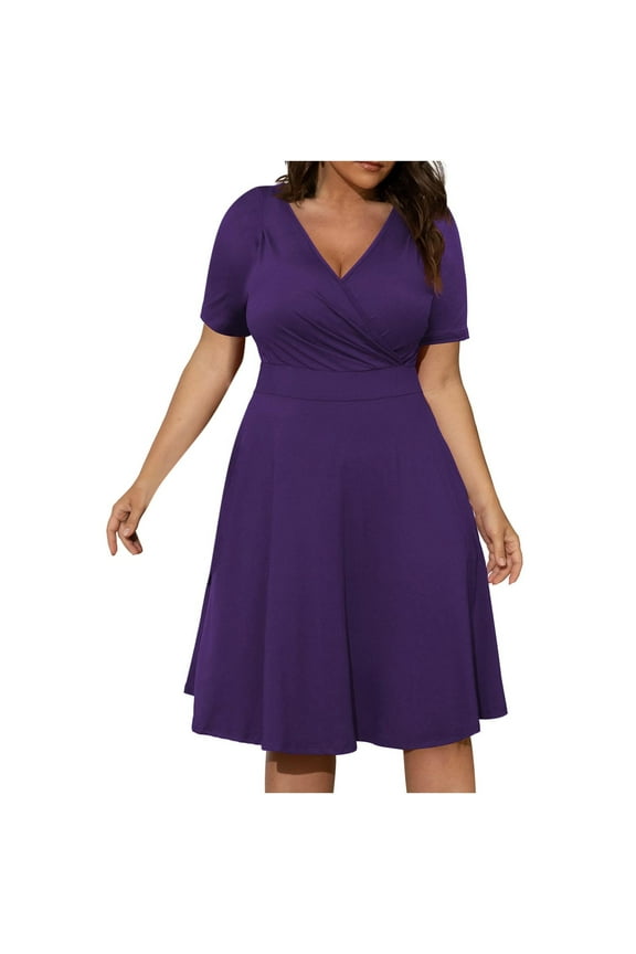 Wedding Guest Dresses for Women Homecoming Party Plus Size V-Neck Solid Short Sleeve Boho Dress Elegant Formal Dress,Purple