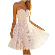 IROINNID Rollbacks Wedding Guest Dresses for Women Homecoming Party Sexy Sleeveless Lace Solid Dress Strapless Mini Dress Elegant Formal Dress,White