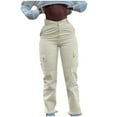 thumbnail image 1 of IROINNID Rollbacks Women's Cargo Pants Button Loose Solid Trousers Pockets Zipper Long Pants,Beige, 1 of 7