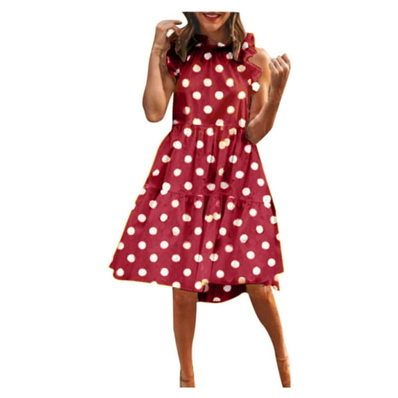 IROINNID Round Neckline Dress For Women Sleeveless Dot Mini Casual Mock Neck Summer Holiday Shift Dress Knee-Length Prints A-Line Dress