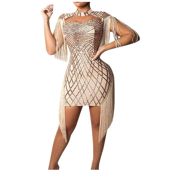 IROINNID Round Neckline Dress For Women Sleeveless Nightclub Party Club Sequins Fringe Tassel Sheath Dress Short Solid Color Sheath Dress