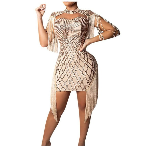 IROINNID Round Neckline Dress For Women Sleeveless Nightclub Party Sexy Club Sequins Fringe Tassel Sheath Dress Short Solid Color Sheath Dress