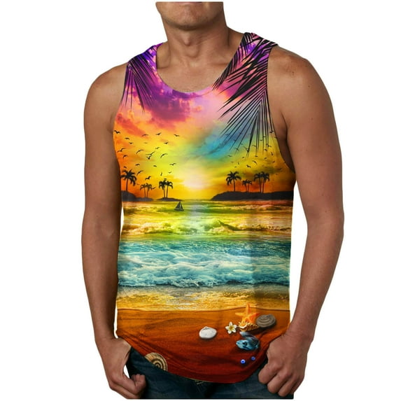 IROINNID Round Neckline Tank Tops For Men Sleeveless New Summer Floral Hawaiian Camisole Sport Tank Top Pullover Graphic Print Tops
