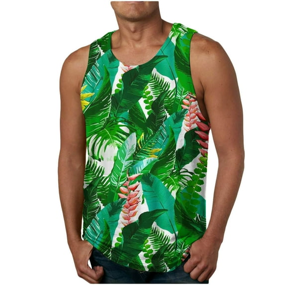 IROINNID Round Neckline Tank Tops For Men Sleeveless New Summer Floral Hawaiian Camisole Sport Tank Top Pullover Graphic Print Tops