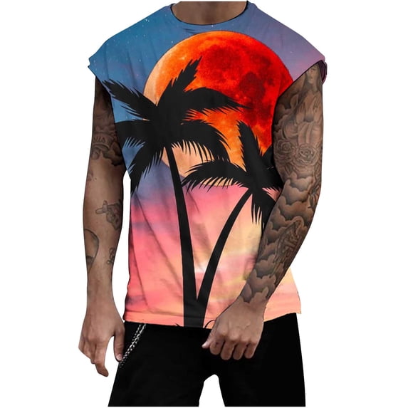 IROINNID Round Neckline Tank Tops For Men Sleeveless Sports Tank Tops Vest Pullover Graphic Print Tops