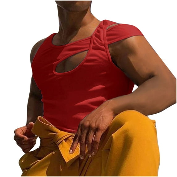 IROINNID Round Neckline Work Out Tops For Men Sleeveless Hollow Out T-Shirt Off-the-shoulder Bottoming Shirt Vest Pullover Solid Color Tops