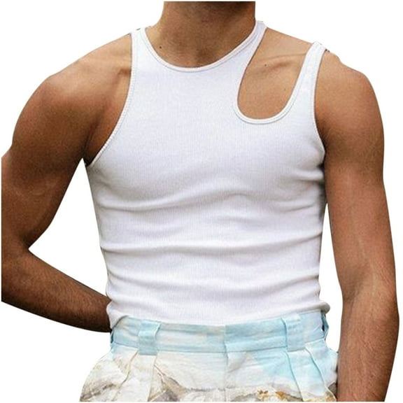 IROINNID Round Neckline Work Out Tops For Men Sleeveless Hollow Out T-Shirt Off-the-shoulder Bottoming Shirt Vest Pullover Solid Color Tops