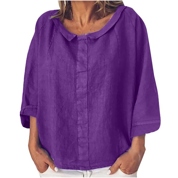 IROINNID On Sale Long Sleeve Pullover Shirt for Women Cotton Shirts for Women Comfortable Solid Color Tops d Loose Cotton And Linen Loose Shirt Blouse Round Neck Tops,Purple