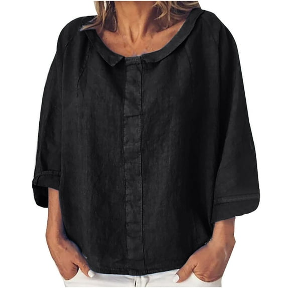 IROINNID On Sale Long Sleeve Pullover Shirt for Women Cotton Shirts for Women Comfortable Solid Color Tops d Loose Cotton And Linen Loose Shirt Blouse Round Neck Tops,Black