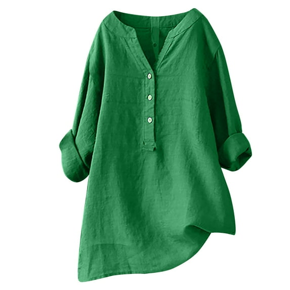 IROINNID On Sale Plus Size Shirts for Women Cotton Shirts for Women Comfortable V-Neck Long Sleeve Loose Button Cotton And Linen Tunic Shirts Summer Shirts Blouse,Green