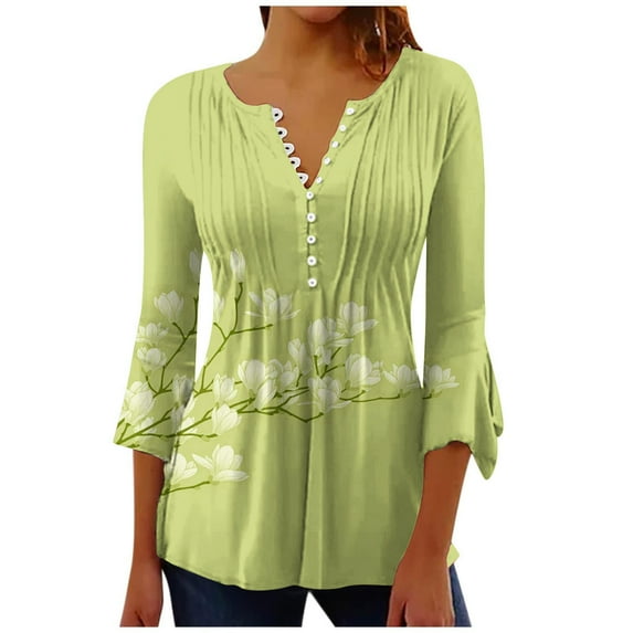 IROINNID Plus Size Shirts for Women Crew Neck Long Sleeve Comfortable Trumpet Printed Buttoned Basic Ruched Tops Pleated T-shirts Blouses,Green