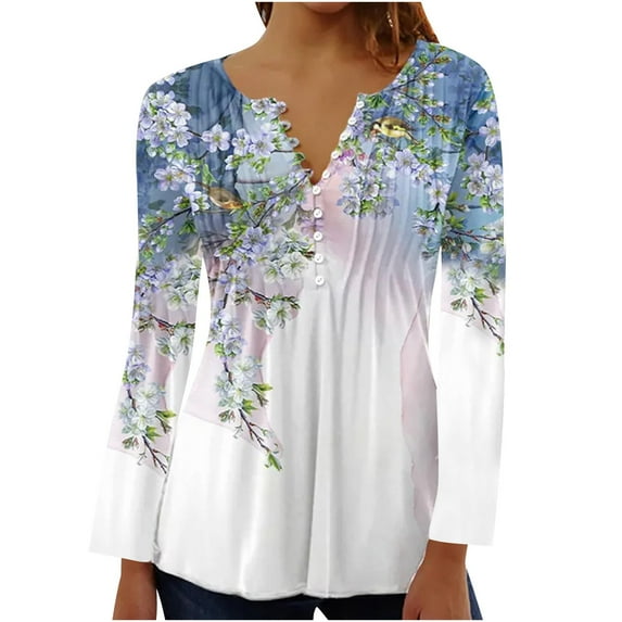 IROINNID On Sale Tunic Tops for Women Womens Oversized Shirt Comfortable Summer Sexy Fold Printed Regular Long Sleeves Round Neck Button Top,Light Blue