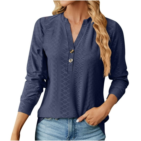 IROINNID On Sale Women's Long Sleeve V-Neck Shirts Comfortable Autumn/Winter Solid Color V-Neck Button-Up Loose Long Sleeve T-Shirt Top Long Sleeve V-Neck Top/Shirt,Navy