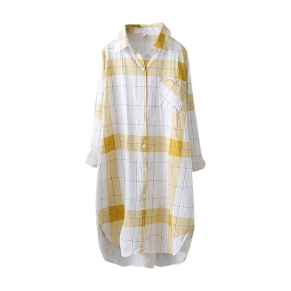 IROINNID On Sale Women's Long Sleeve V-Neck Shirts Cotton Shirts for Women Comfortable Ladies Solid Color Lattice Long Sleeve Cotton Loose Top Shirt Coat,Yellow