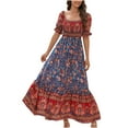 thumbnail image 1 of IROINNID Boho Dress for Women Casual Cocktail Wedding Guest Dress One-line Shoulder Short Sleeve Summer Cascading Frilly Bohemian Print Party Beach Dress Semi Formal Empire Dress,Blue, 1 of 7