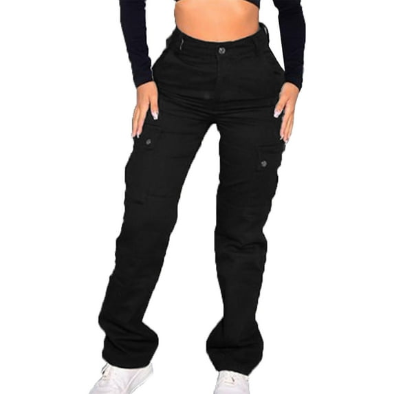 IROINNID Sales Cargo Pants for Women Button Loose Solid Trousers Pockets Zipper Long Pants,Black