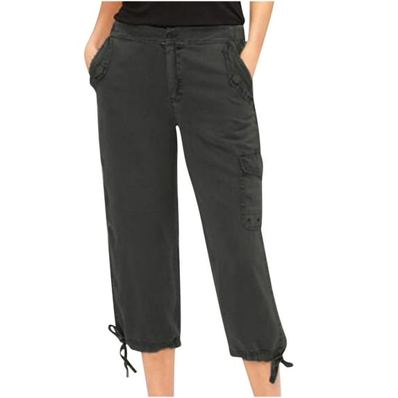 IROINNID Cargo Pants for Women Capri Pants Solid Color Loose Pocket Tooling Trousers Pinching Capri Pants,Black
